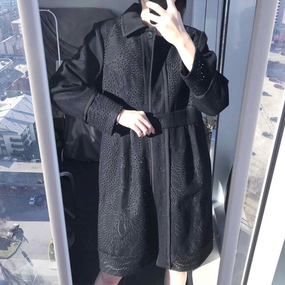 Floral Carved Wool Blend Maxi Coat: Black Punched Hole Jacket, Size M - Picture 3 of 8